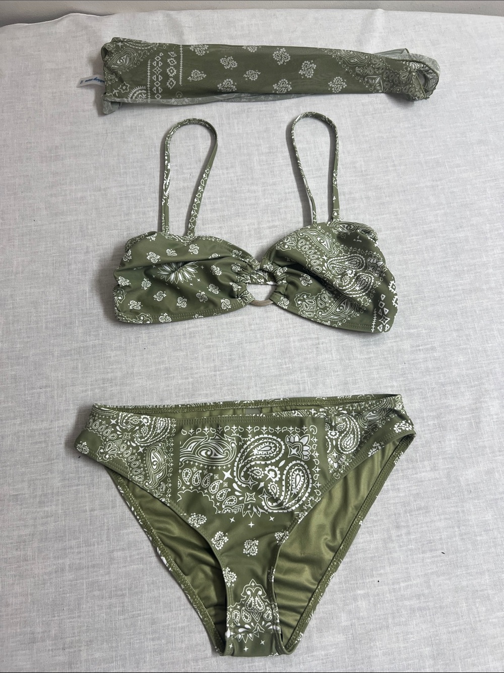 🌞 Catching Waves NWT Olive Green Bandana 3pc Bikini Set w/headscarf/tie women XS